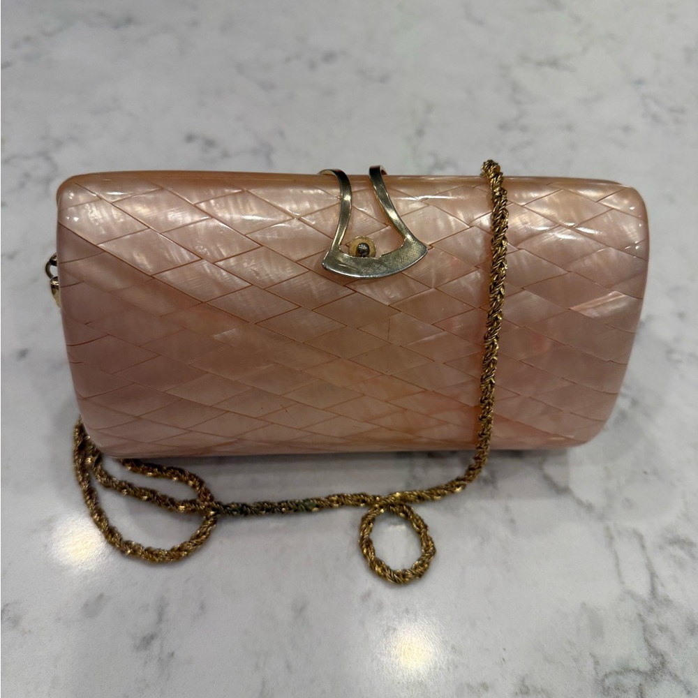 Vintage Delill Italy 1950s Elegant Pink Mother of Pearl Clutch with Gold Chain